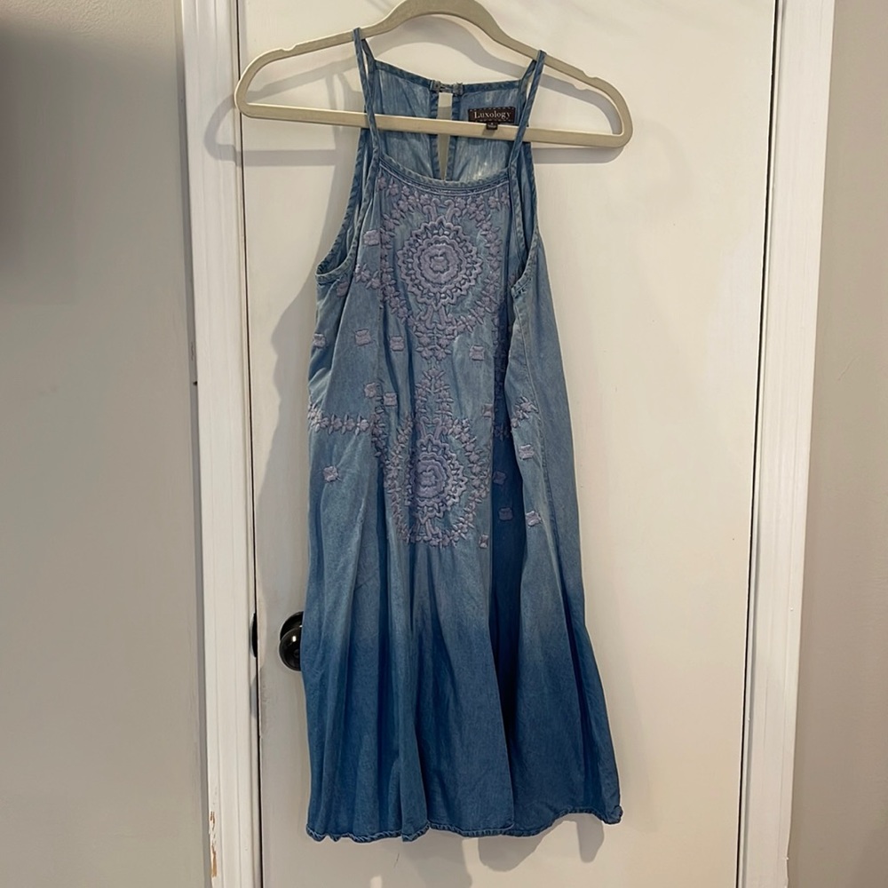 Luxology Denim Embroidered Front High Neck Trapeze Dress